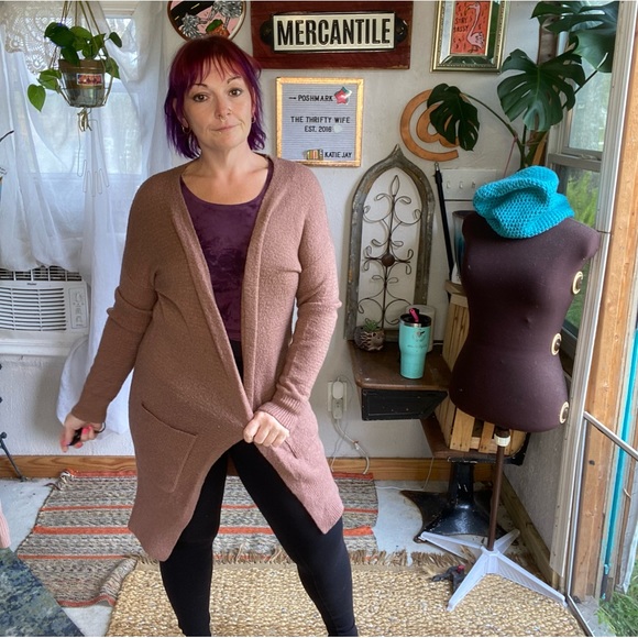 Forever 21 Sweaters - Forever 21 Taupe/ Pink Fluffy Long Open front Cardigan Size Small